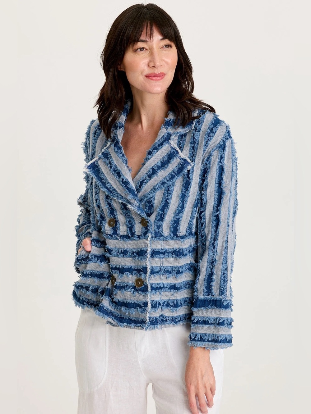 XCVI
MAVIE SHREDDED DENIM JACKET
 In Indigo
